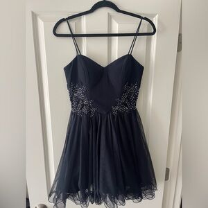 navy embroidered mesh with rhinestones dress